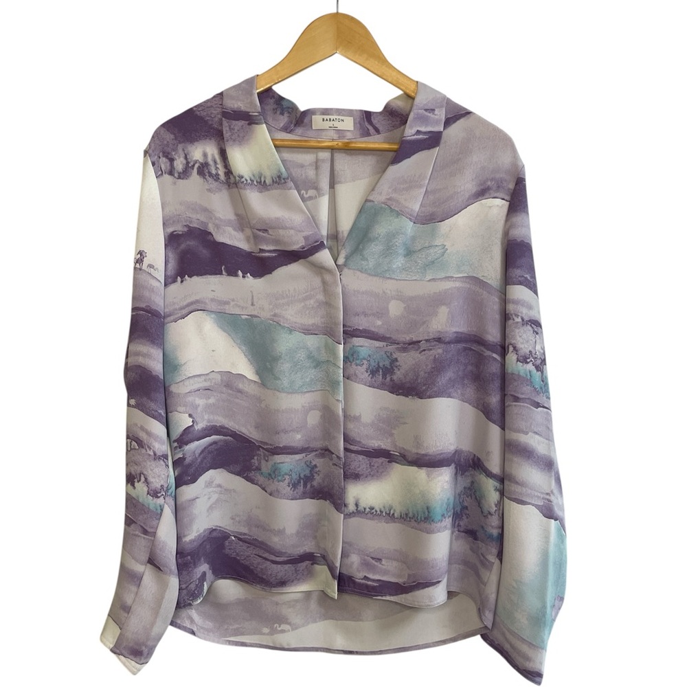 Babaton Watercolor Purple & Light Blue Silk Blouse